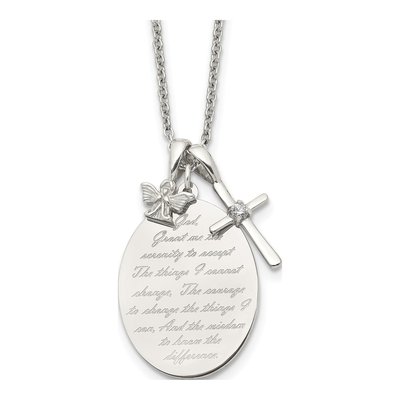 Stainless Steel CZ Serenity Prayer Cross Pendant Necklace