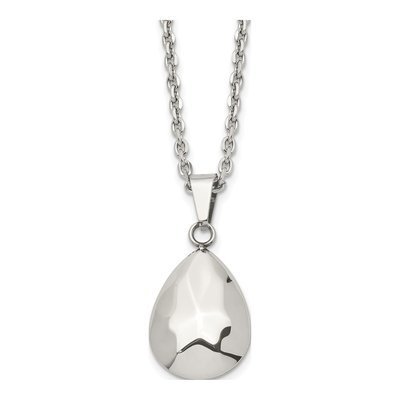 Stainless Steel Hammered Teardrop Puff Pendant Necklace