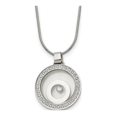Stainless Steel CZ Floating Glass Circle Pendant Necklace