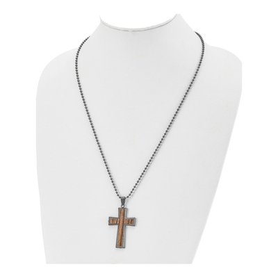 Stainless Steel Gunmetal Wood Inlay Cross Pendant Necklace – view 5