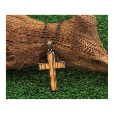 Stainless Steel Gunmetal Wood Inlay Cross Pendant Necklace – view 6