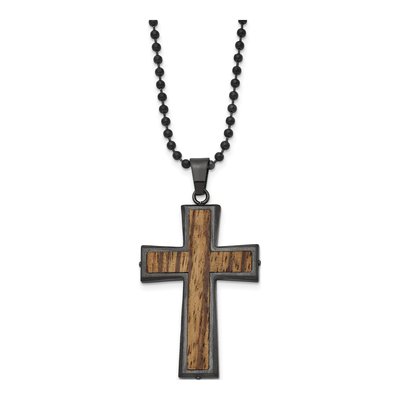 Stainless Steel Gunmetal Wood Inlay Cross Pendant Necklace