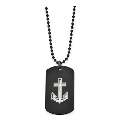 Black Stainless Steel Black Anchor Dog Tag Pendant Necklace