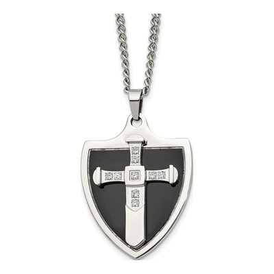 Black Stainless Steel CZ Cross Shield Pendant Necklace