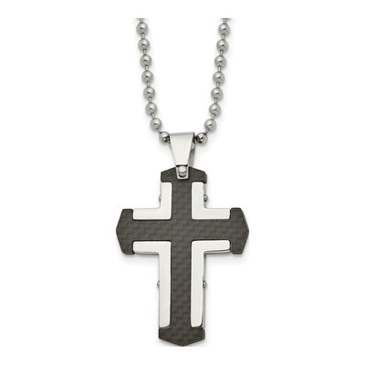 Stainless Steel Black Carbon Fiber Cross Pendant Necklace