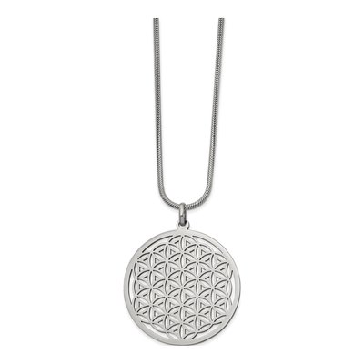 Stainless Steel Flower Cut-Out Circle Pendant Necklace