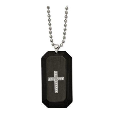 Stainless Steel CZ Cross Dog Tag Pendant Necklace