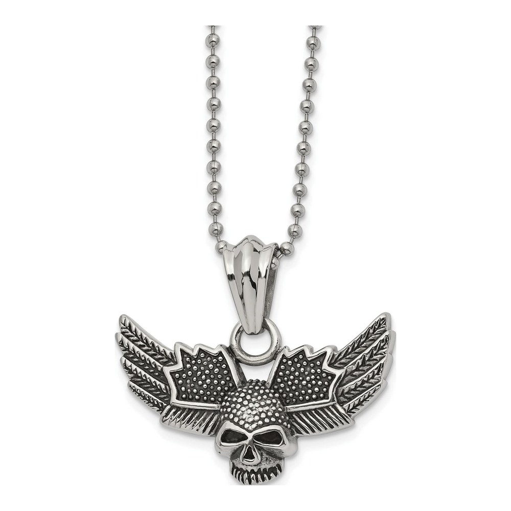 Stainless Steel Skull & Wings Necklace, 22" Chain