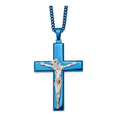 Stainless Steel Blue IP Crucifix Necklace