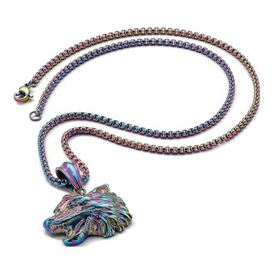Stainless Steel Rainbow Wolf Head Necklace – view 3