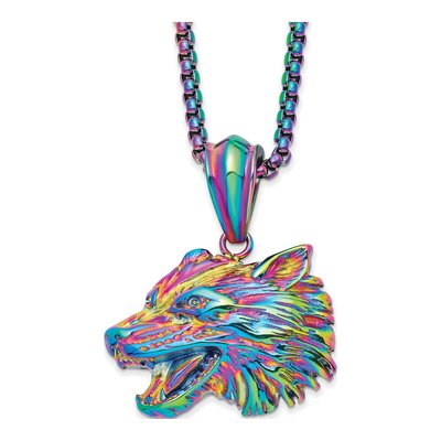 Stainless Steel Rainbow Wolf Head Necklace