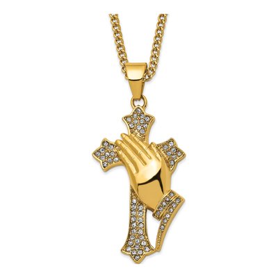 Stainless Steel Crystal Cross Prayer Hands Necklace