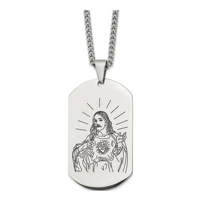 Stainless Steel Etched Jesus Dog Tag Necklace