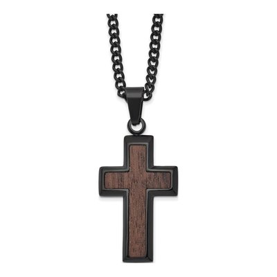 Black Stainless Steel Black Wood Inlay Cross Necklace
