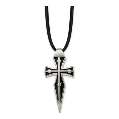 Stainless Steel Cross on Leather Cord Necklace
