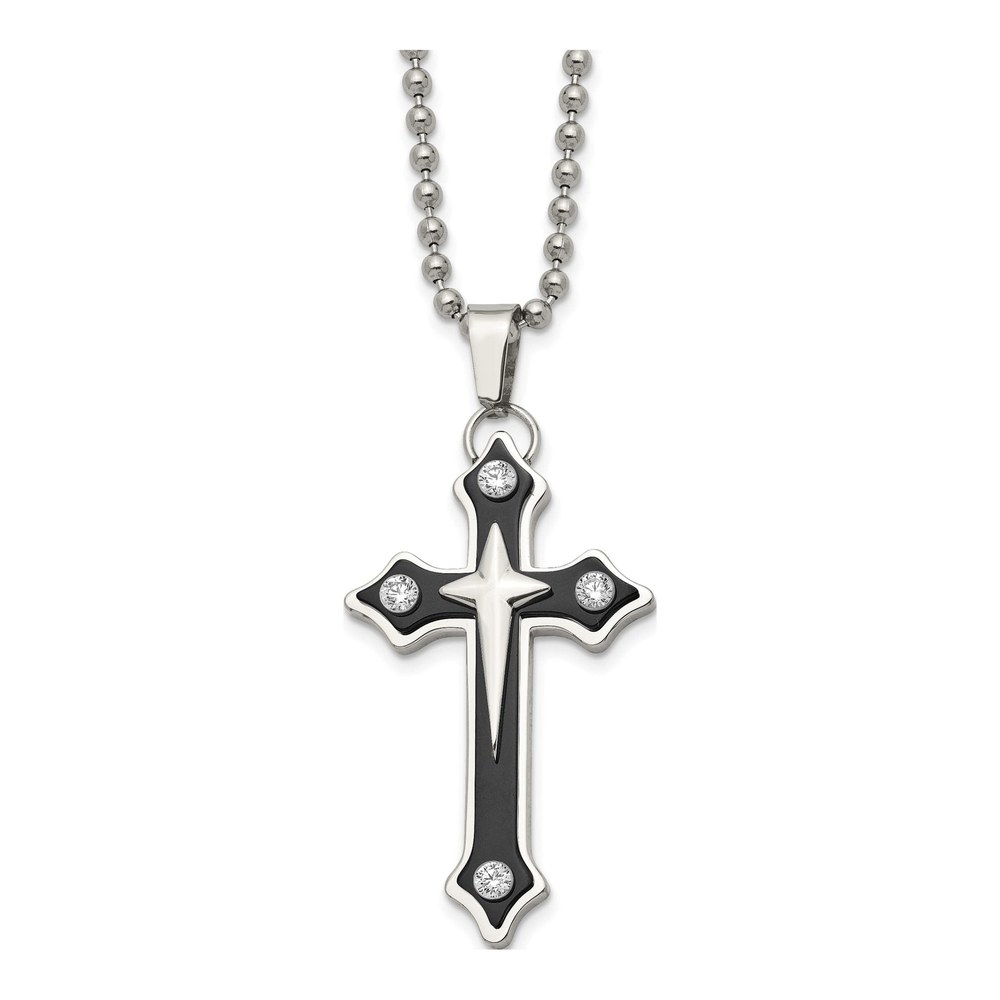 Black Stainless Steel CZ Cross Pendant Necklace