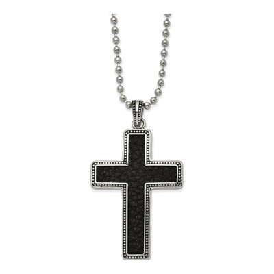 Stainless Steel Black Leather Inlay Cross Necklace