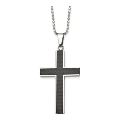 Stainless Steel Carbon Fiber Cross Pendant Necklace
