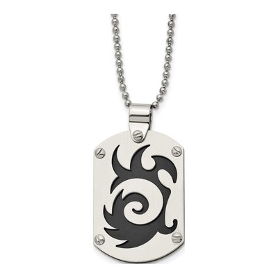 Black Stainless Steel Black Swirl Dog Tag Pendant Necklace