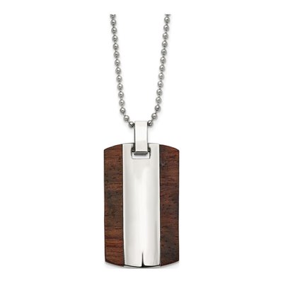 Stainless Steel Wood Dog Tag Pendant Necklace