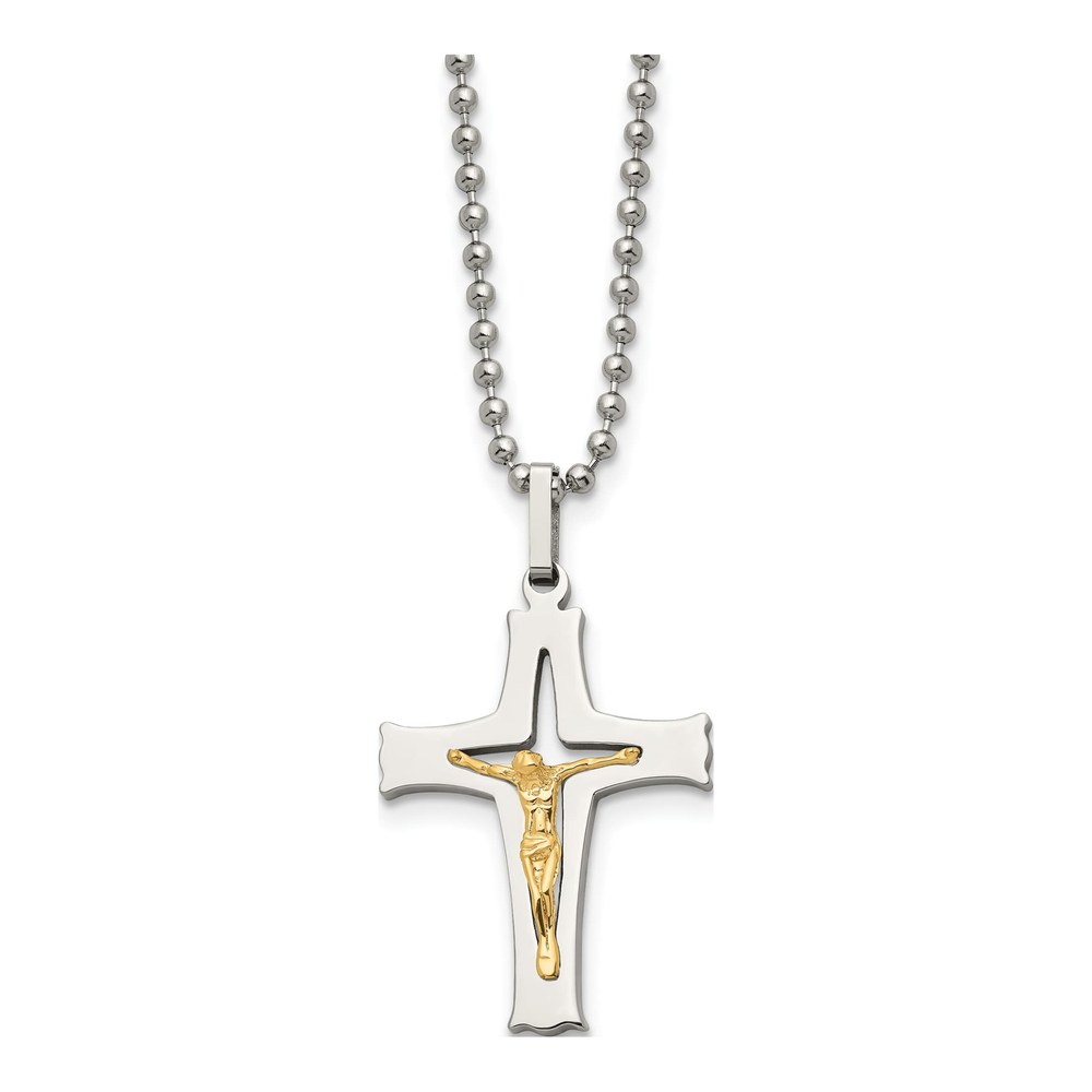 Stainless Steel & 14K Gold Crucifix Pendant Necklace
