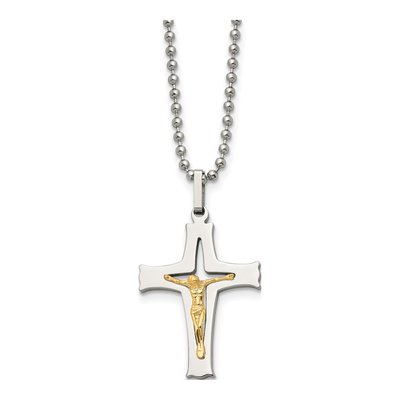 Stainless Steel & 14K Gold Crucifix Pendant Necklace