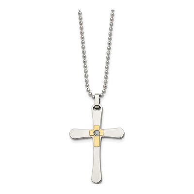 Stainless Steel & 14K Gold 0.3 ct tw Diamond Cross Pendant Necklace – view 4