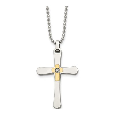 Stainless Steel & 14K Gold 0.3 ct tw Diamond Cross Pendant Necklace