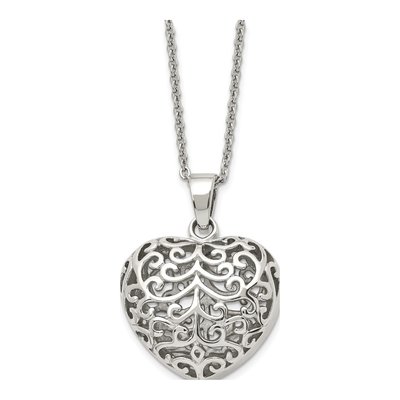 Stainless Steel Filigree Puffed Heart Pendant Necklace