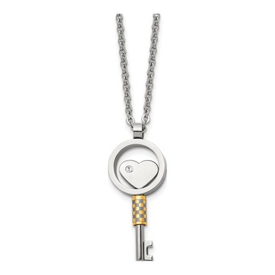 Stainless Steel CZ Heart Key Pendant Necklace