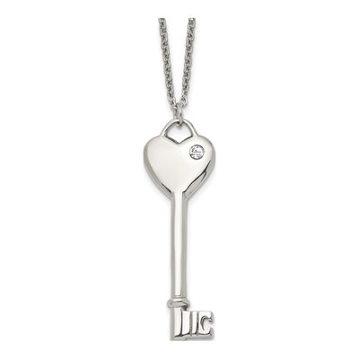 Stainless Steel CZ Heart Key Pendant Necklace