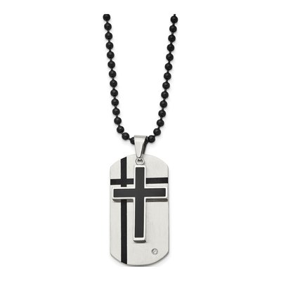 Black Stainless Steel CZ Cross Dog Tag Pendant Necklace