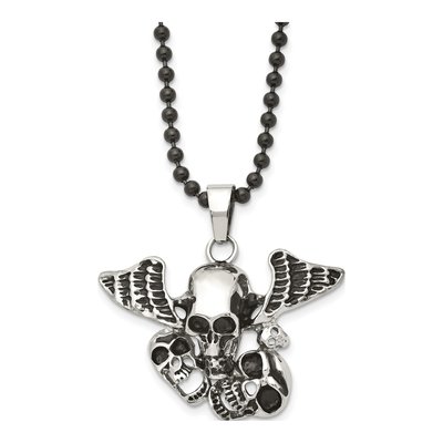 Black Stainless Steel Skulls Wings Pendant Necklace