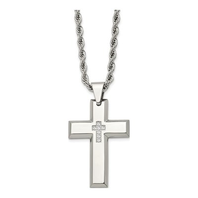 Stainless Steel CZ Cross Pendant Necklace