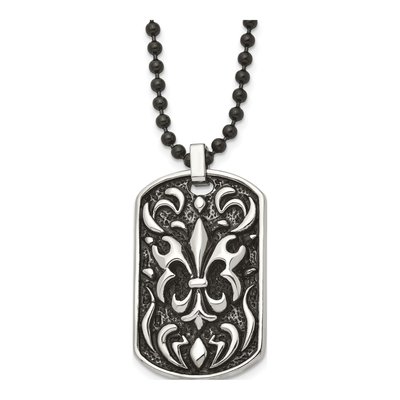 Black Stainless Steel Fleur de Lis Dog Tag Pendant Necklace