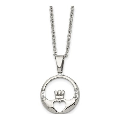 Stainless Steel CZ Claddagh Pendant Necklace