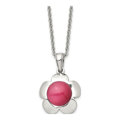 Stainless Steel Flower Pink Cat's Eye Pendant Necklace