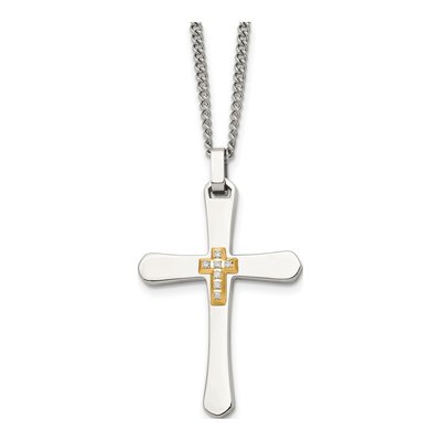 Stainless Steel & 14K Gold 1/15 ct tw Diamond Cross Necklace