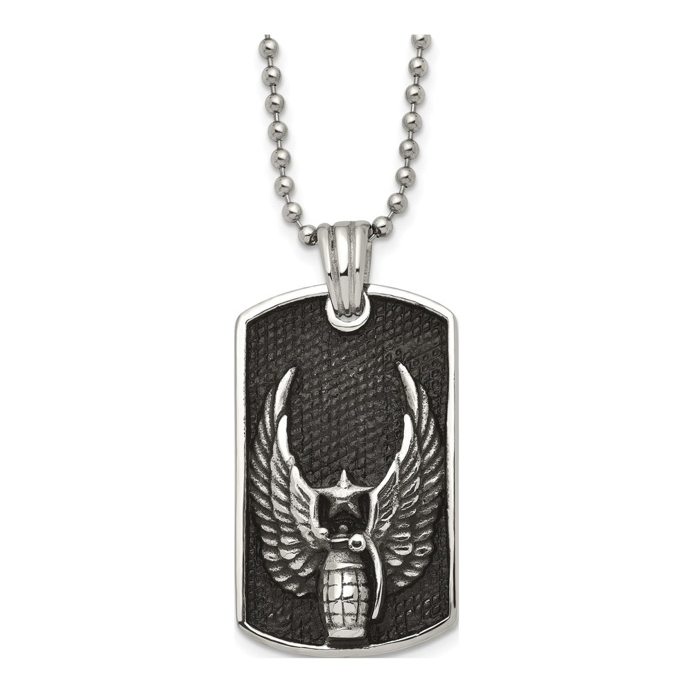 Black Stainless Steel Grenade Dog Tag Pendant Necklace