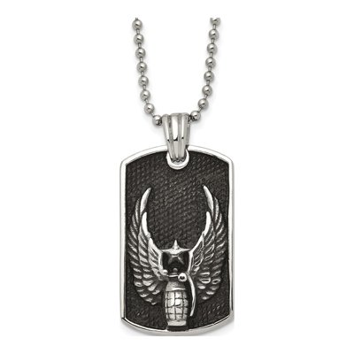 Black Stainless Steel Grenade Dog Tag Pendant Necklace