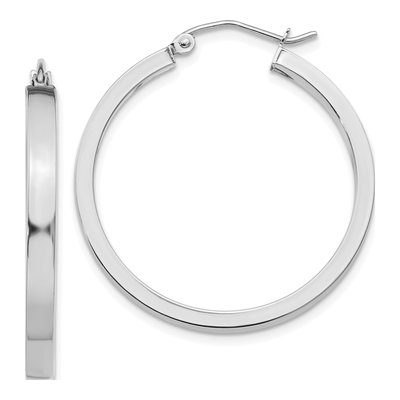 14K White Gold 30mm Rectangle Tube Hoop Earrings