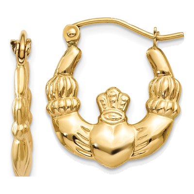 14K Yellow Gold Claddagh Hoop Earrings