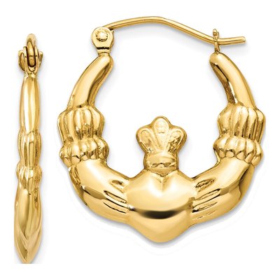 14K Yellow Gold Claddagh Hoop Earrings