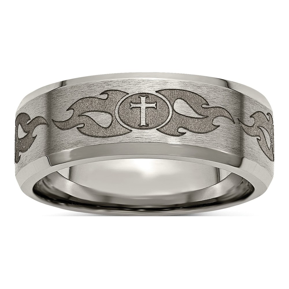 Titanium 8mm Cross Laser Design Wedding Band