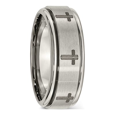 Titanium 8mm Cross Design Ridged Wedding Band – view 6