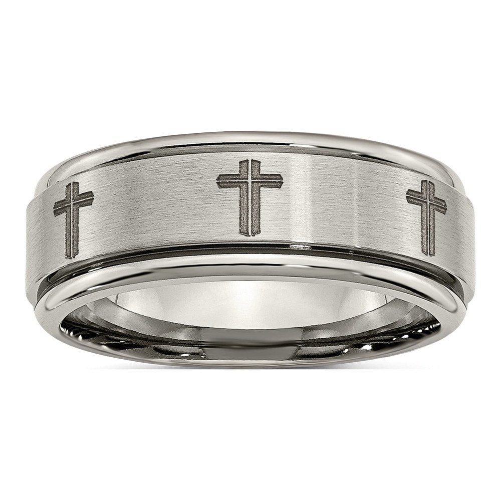Titanium 8mm Cross Design Ridged Wedding Band