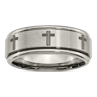 Titanium 8mm Cross Design Ridged Wedding Band