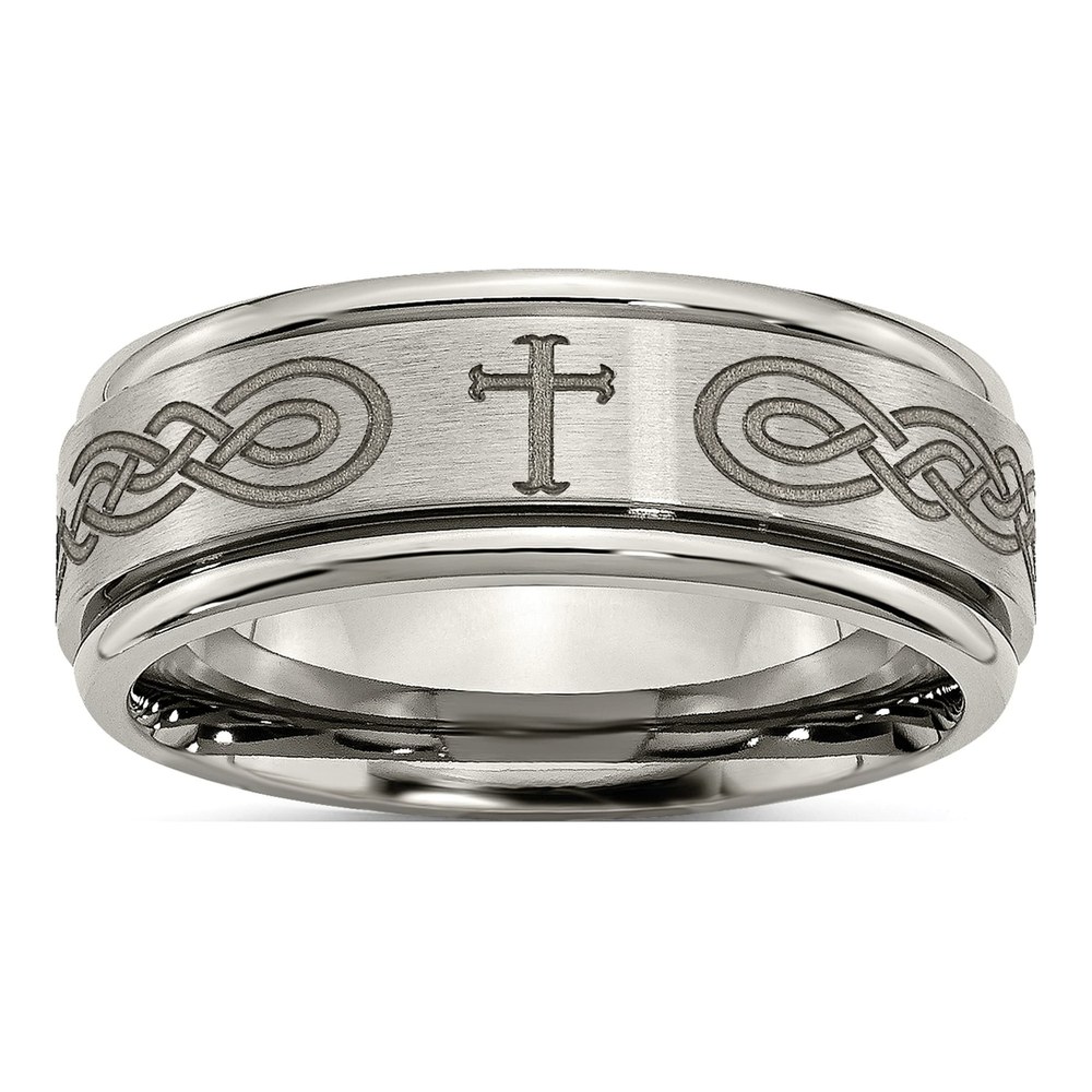 Titanium 8mm Cross Laser Design Wedding Band