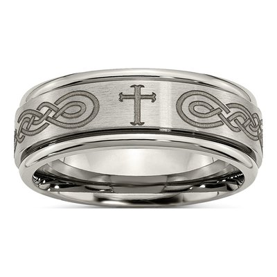 Titanium 8mm Cross Laser Design Wedding Band