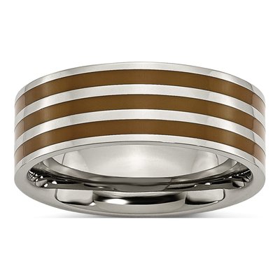 Titanium 8mm Brown Enamel Striped Flat Wedding Band